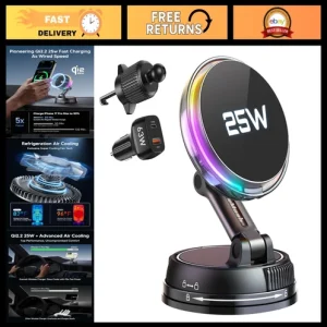 25W Wireless Car Charger with Cooling Fan & RGB Lights, 360° Rotatable Magnetic