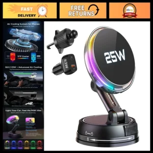 25W Wireless Car Charger, Magnetic Phone Holder with Cooling Fan & RGB Lights, 3